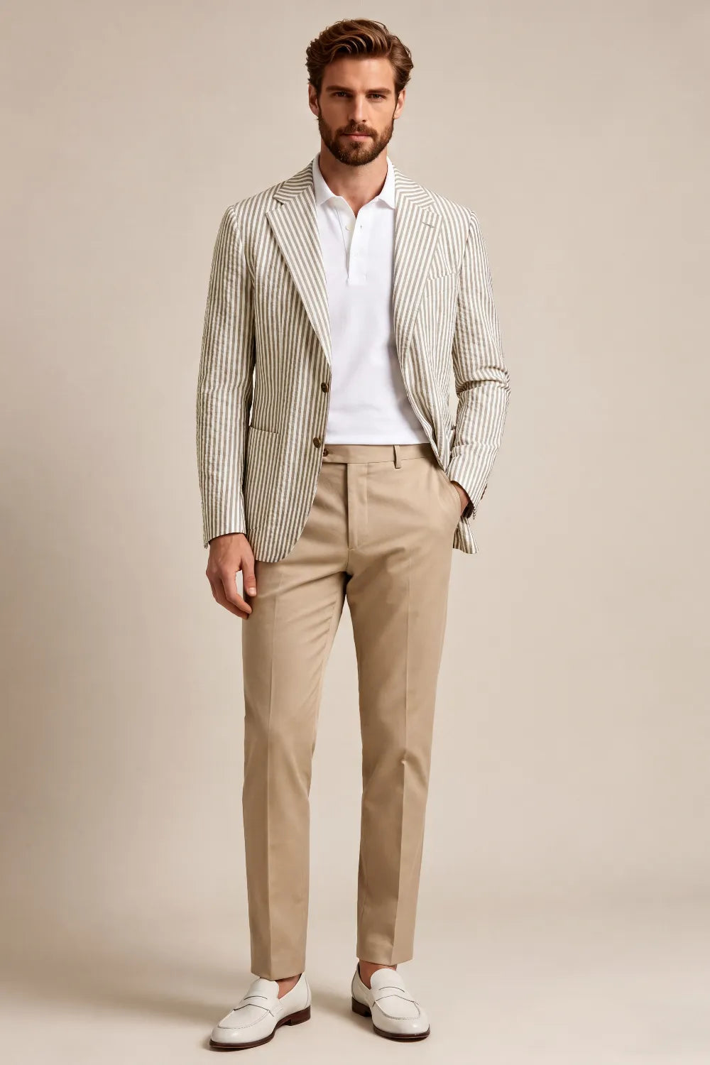 MANSSINO™ | Men's Cream Striped Seersucker Notch Lapel 2-Piece Suit