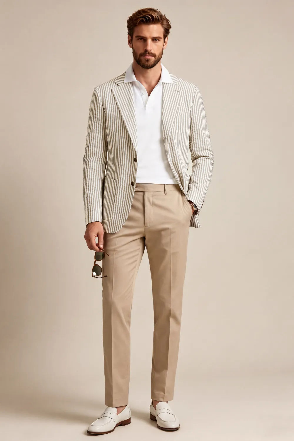 MANSSINO™ | Men's Cream Striped Seersucker Notch Lapel 2-Piece Suit