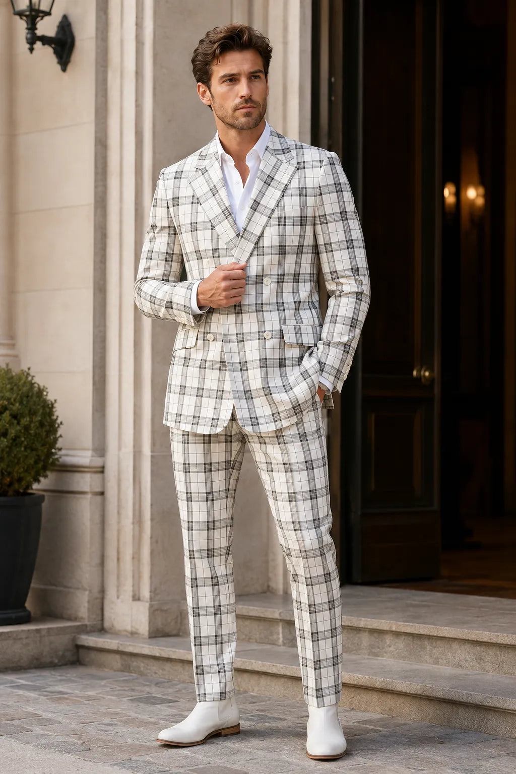 MANSSINO™ | Men's White Windowpane Double-Breasted 2-Piece Suit