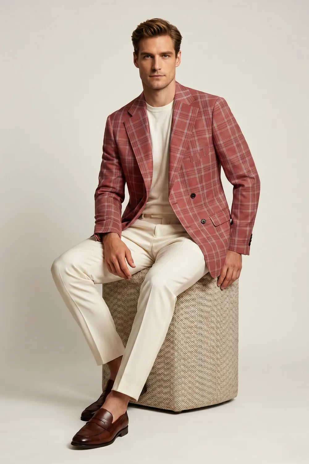 MANSSINO™ | Men's Brick Red Windowpane Double-Breasted 2-Piece Suit
