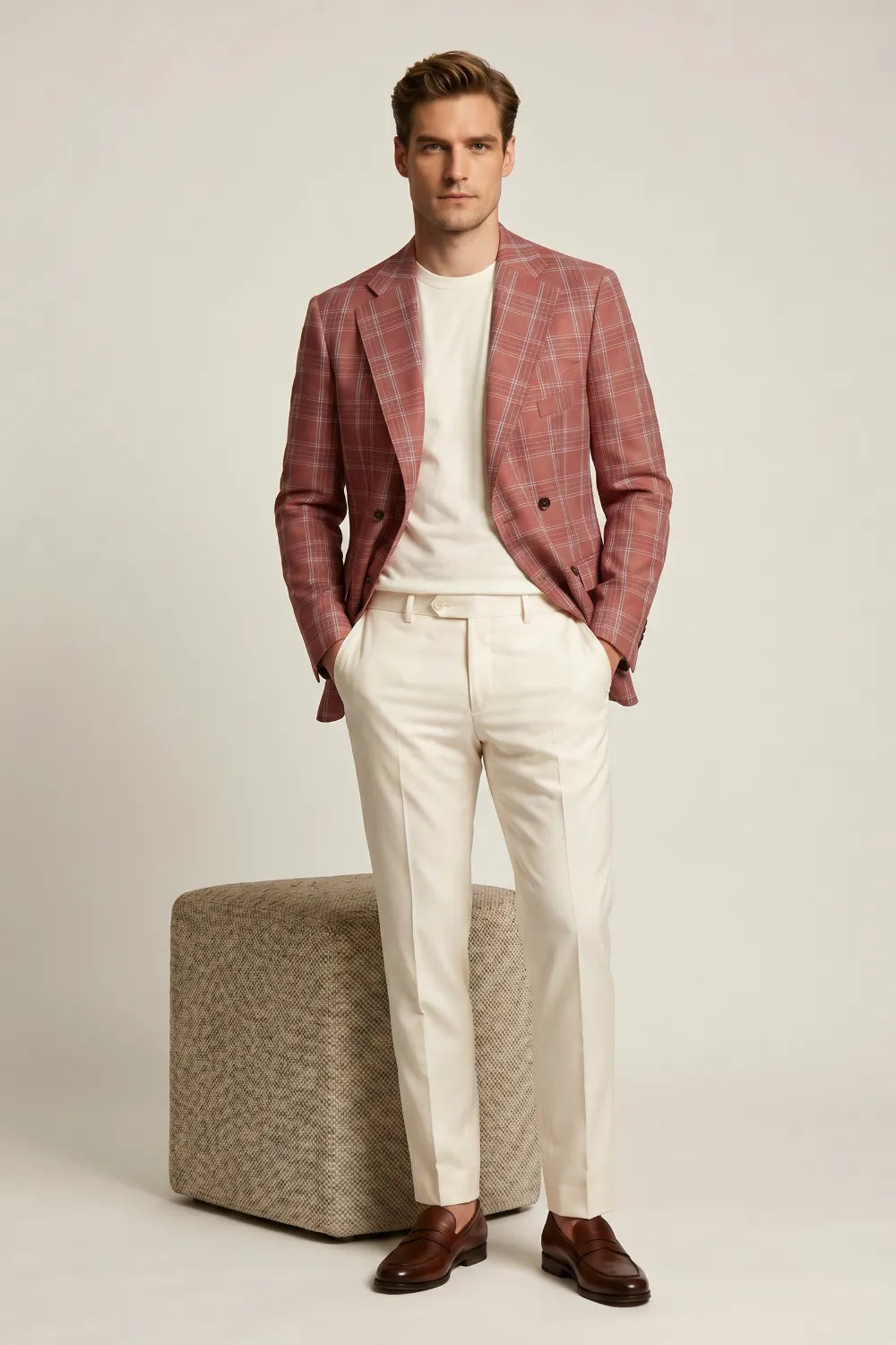 MANSSINO™ | Men's Brick Red Windowpane Double-Breasted 2-Piece Suit