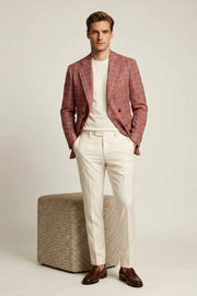 MANSSINO™ | Men's Brick Red Windowpane Double-Breasted 2-Piece Suit