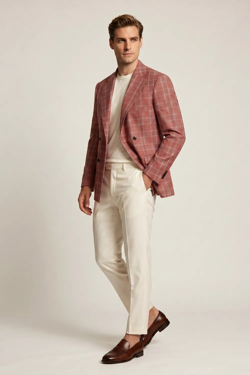 MANSSINO™ | Men's Brick Red Windowpane Double-Breasted 2-Piece Suit