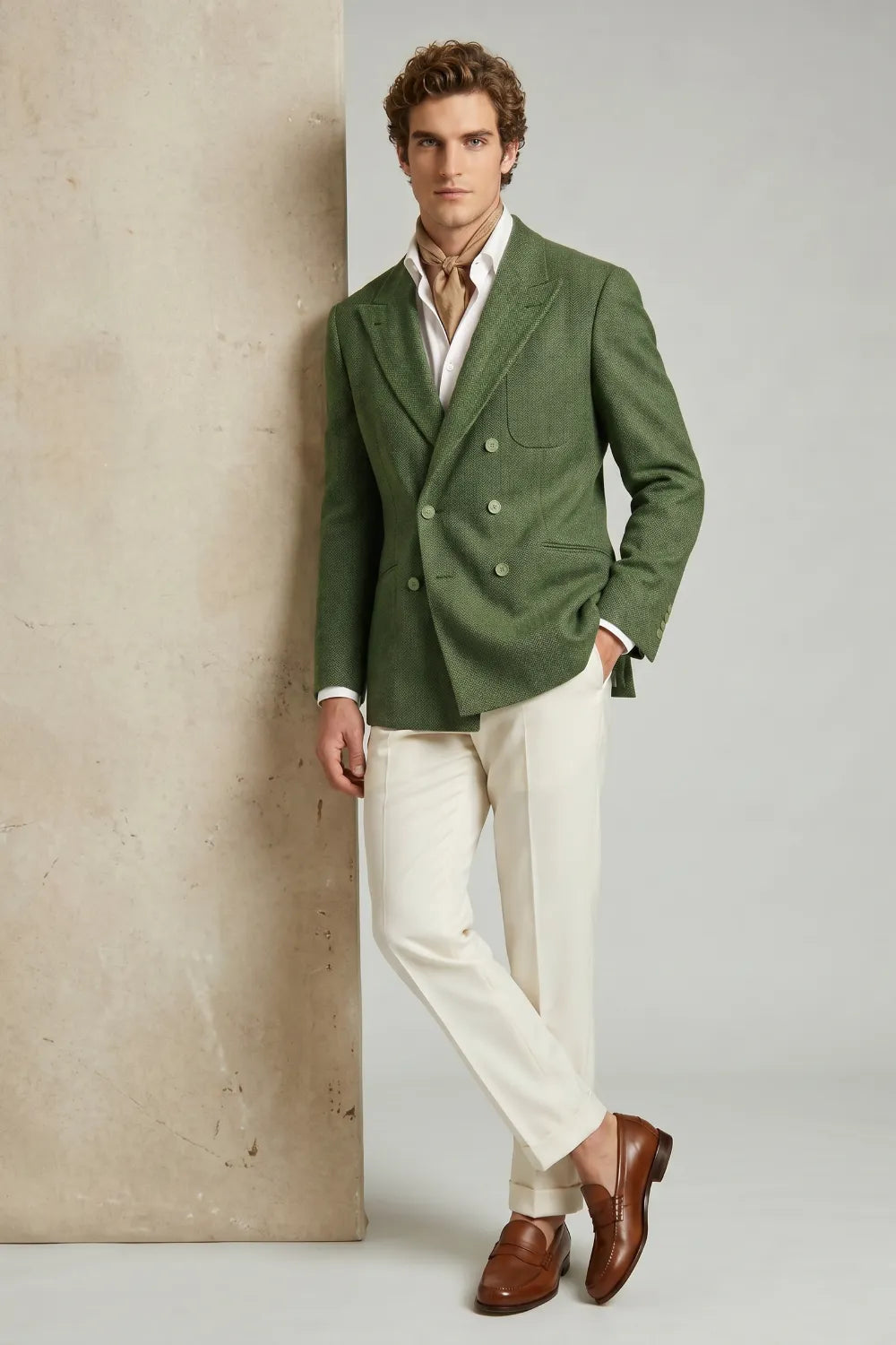 MANSSINO™ | Men's Olive Green Herringbone Wool Blend Double Breasted 2-Piece Suit