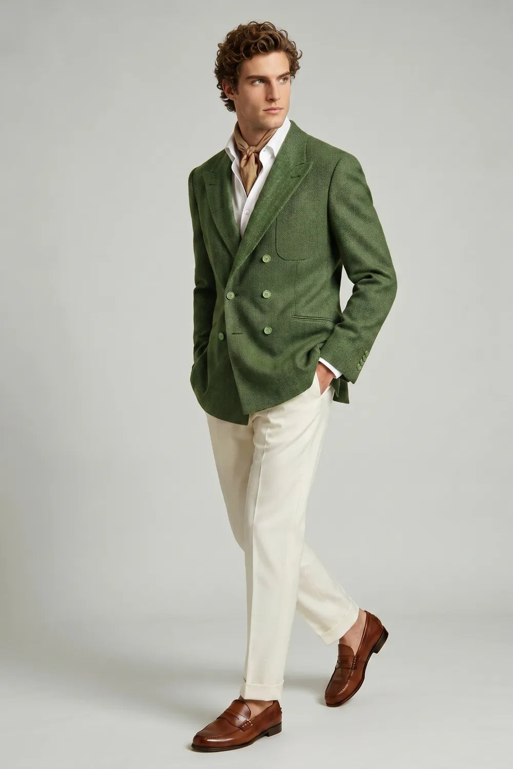 MANSSINO™ | Men's Olive Green Herringbone Wool Blend Double Breasted 2-Piece Suit
