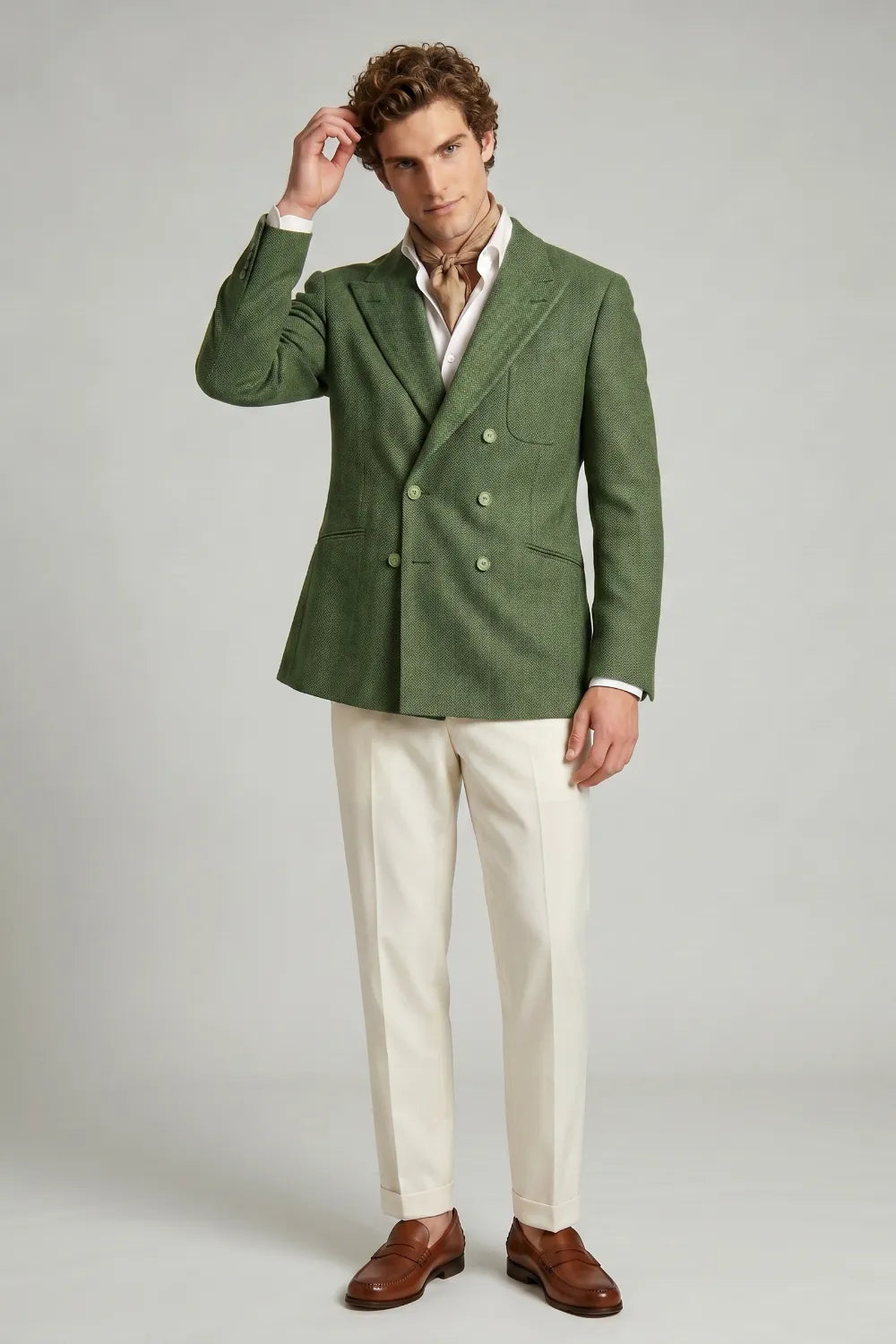 MANSSINO™ | Men's Olive Green Herringbone Wool Blend Double Breasted 2-Piece Suit