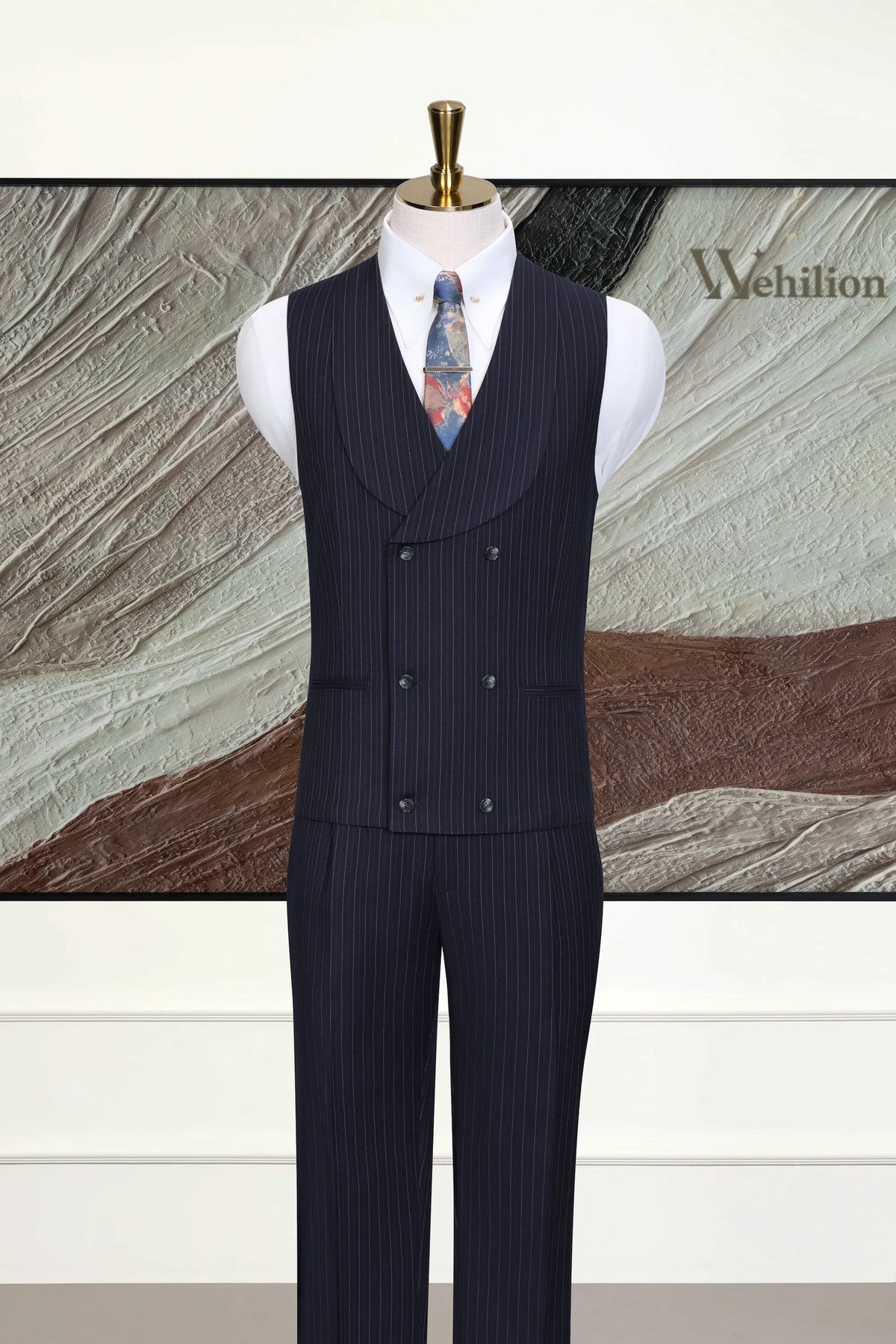 MANSSINO™ | Men's Navy Business Stripe 3-Piece Suit