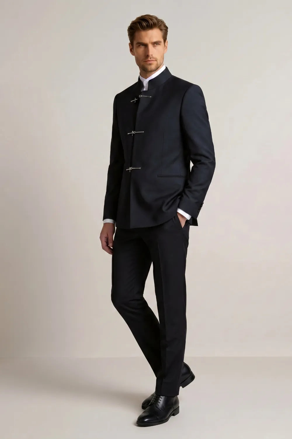 MANSSINO™ | Men's Navy Blue Slim Fit Mandarin Collar Suit