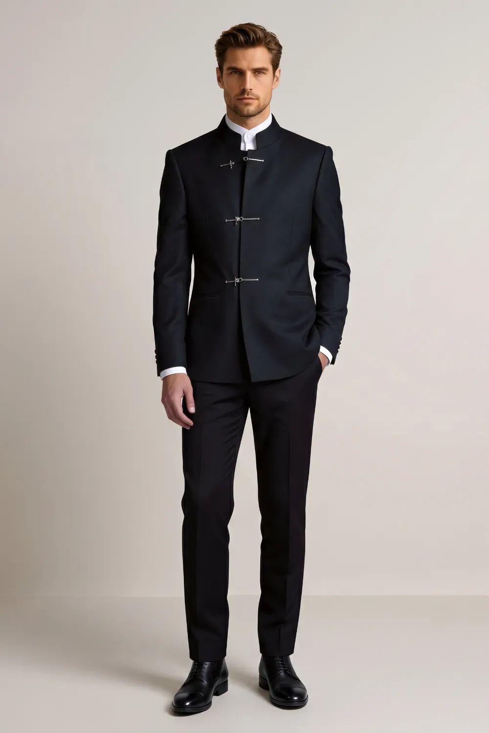 MANSSINO™ | Men's Navy Blue Slim Fit Mandarin Collar Suit