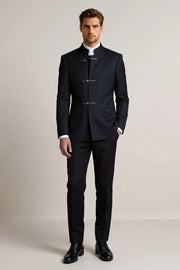 MANSSINO™ | Men's Navy Blue Slim Fit Mandarin Collar Suit