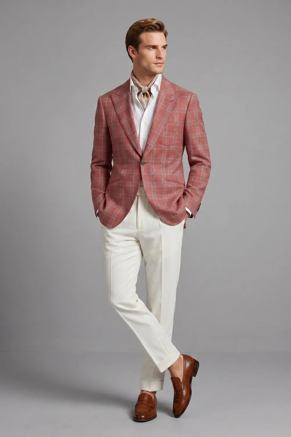 MANSSINO™ | Men's Brick Red Windowpane Peak Lapel 2 Piece Suit