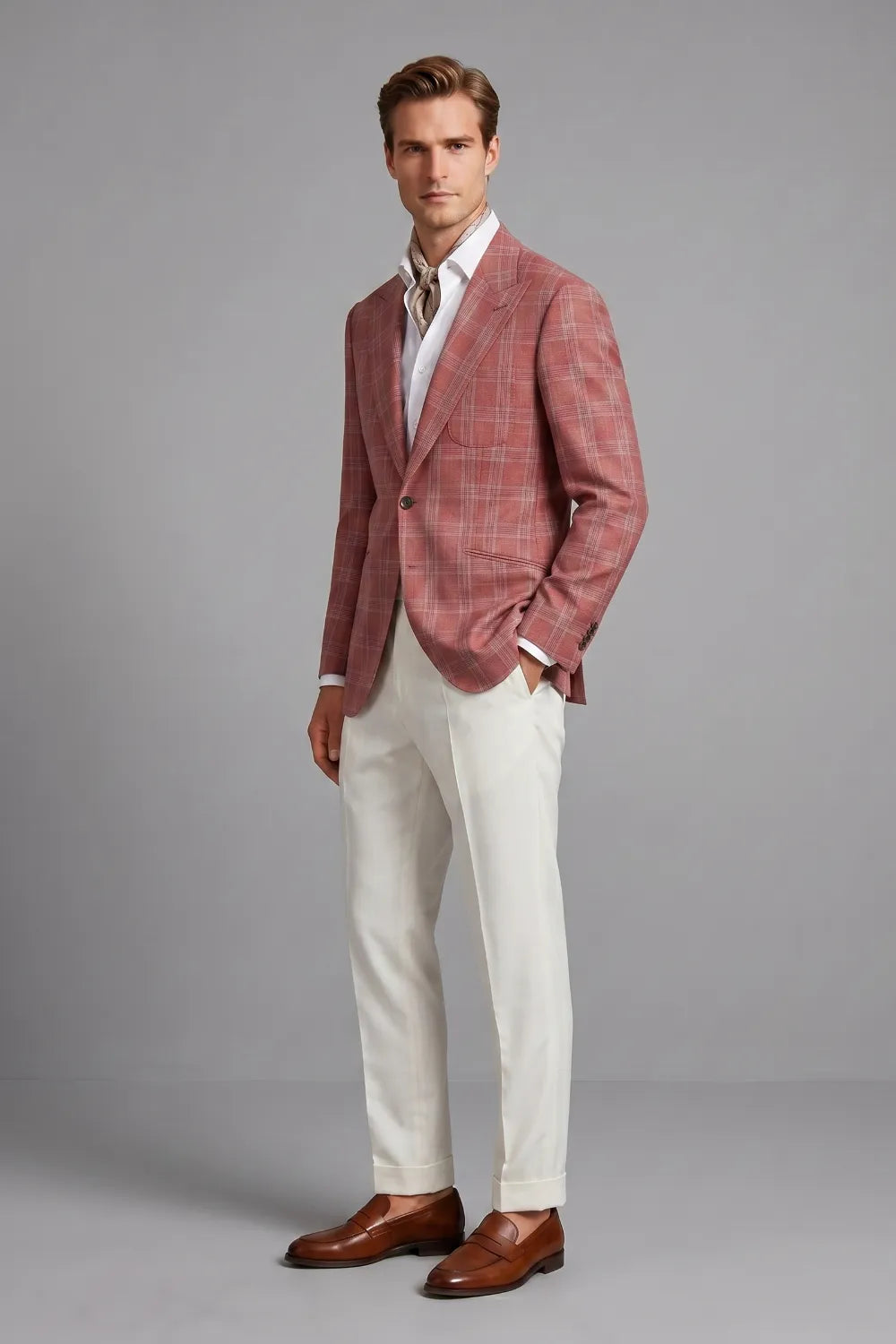 MANSSINO™ | Men's Brick Red Windowpane Peak Lapel 2 Piece Suit