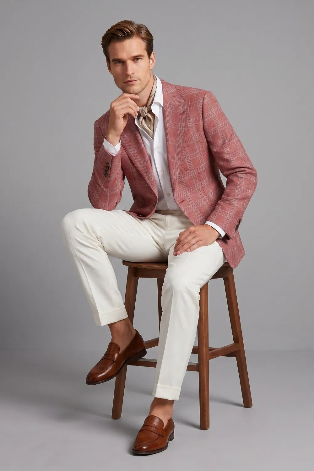MANSSINO™ | Men's Brick Red Windowpane Peak Lapel 2 Piece Suit