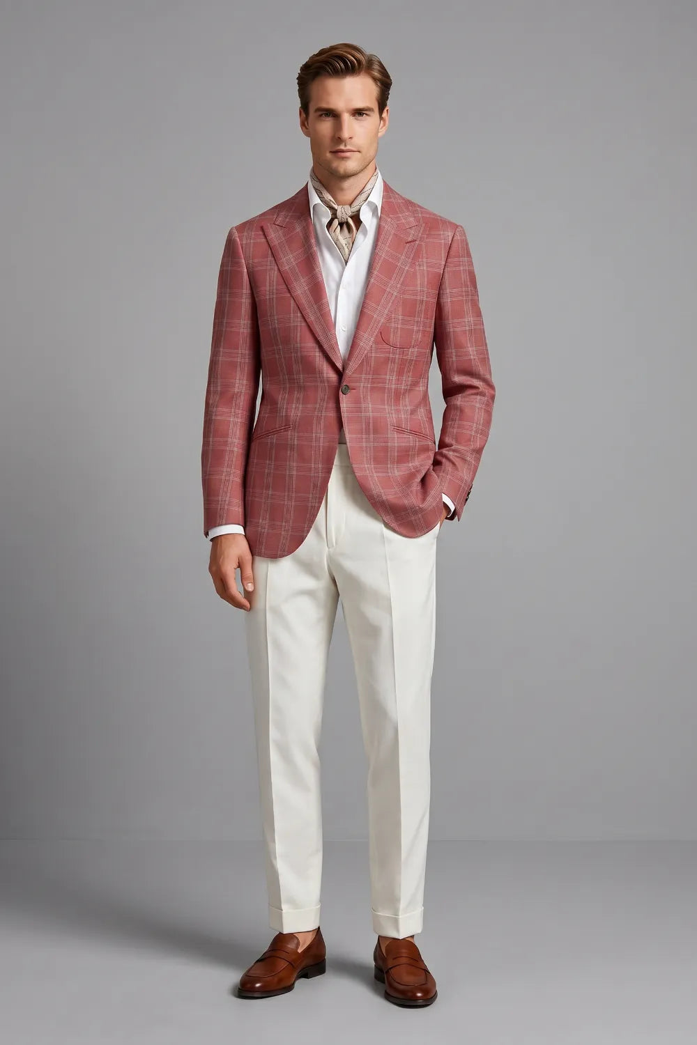MANSSINO™ | Men's Brick Red Windowpane Peak Lapel 2 Piece Suit
