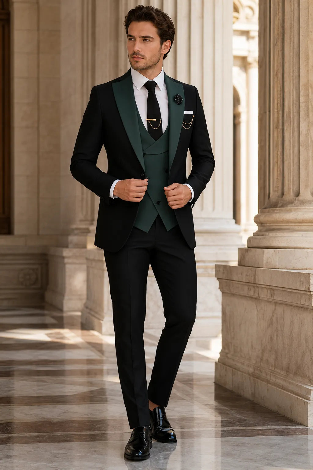 MANSSINO™ | Men's Contrast Notch Lapel 3 Piece Tuxedo Suit