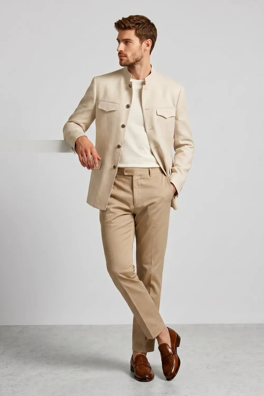 MANSSINO™ | Men's Beige Mandarin Collar Slim Fit Linen Blend 2-Piece Suit