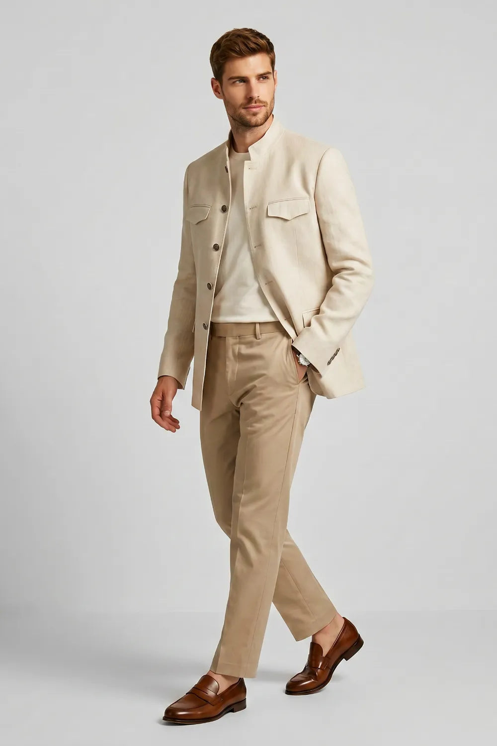 MANSSINO™ | Men's Beige Mandarin Collar Slim Fit Linen Blend 2-Piece Suit