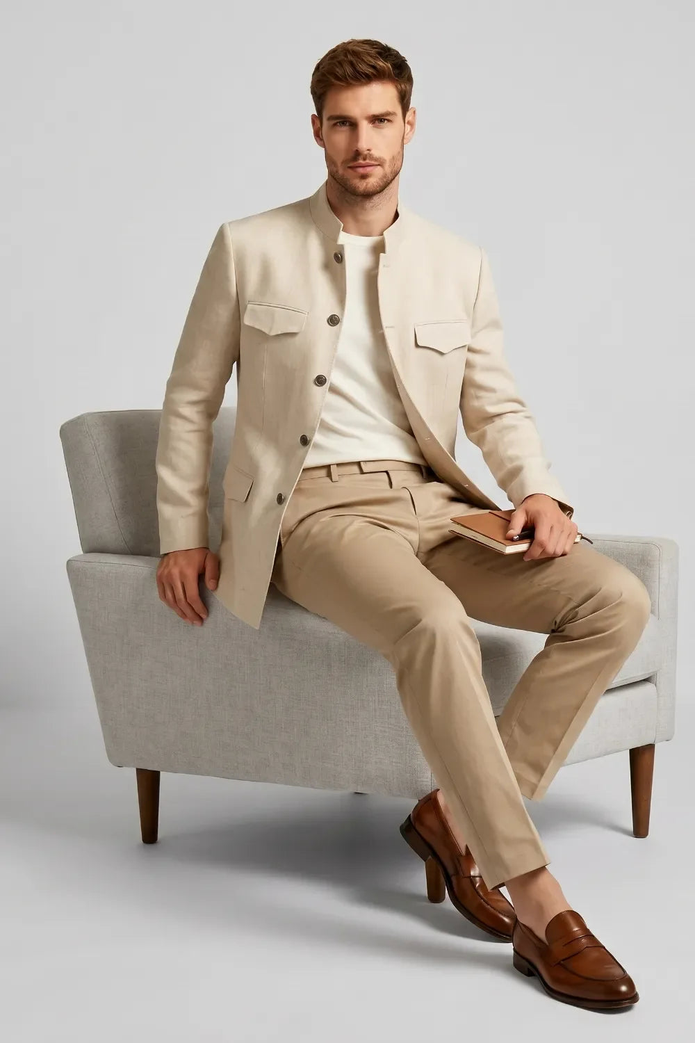 MANSSINO™ | Men's Beige Mandarin Collar Slim Fit Linen Blend 2-Piece Suit