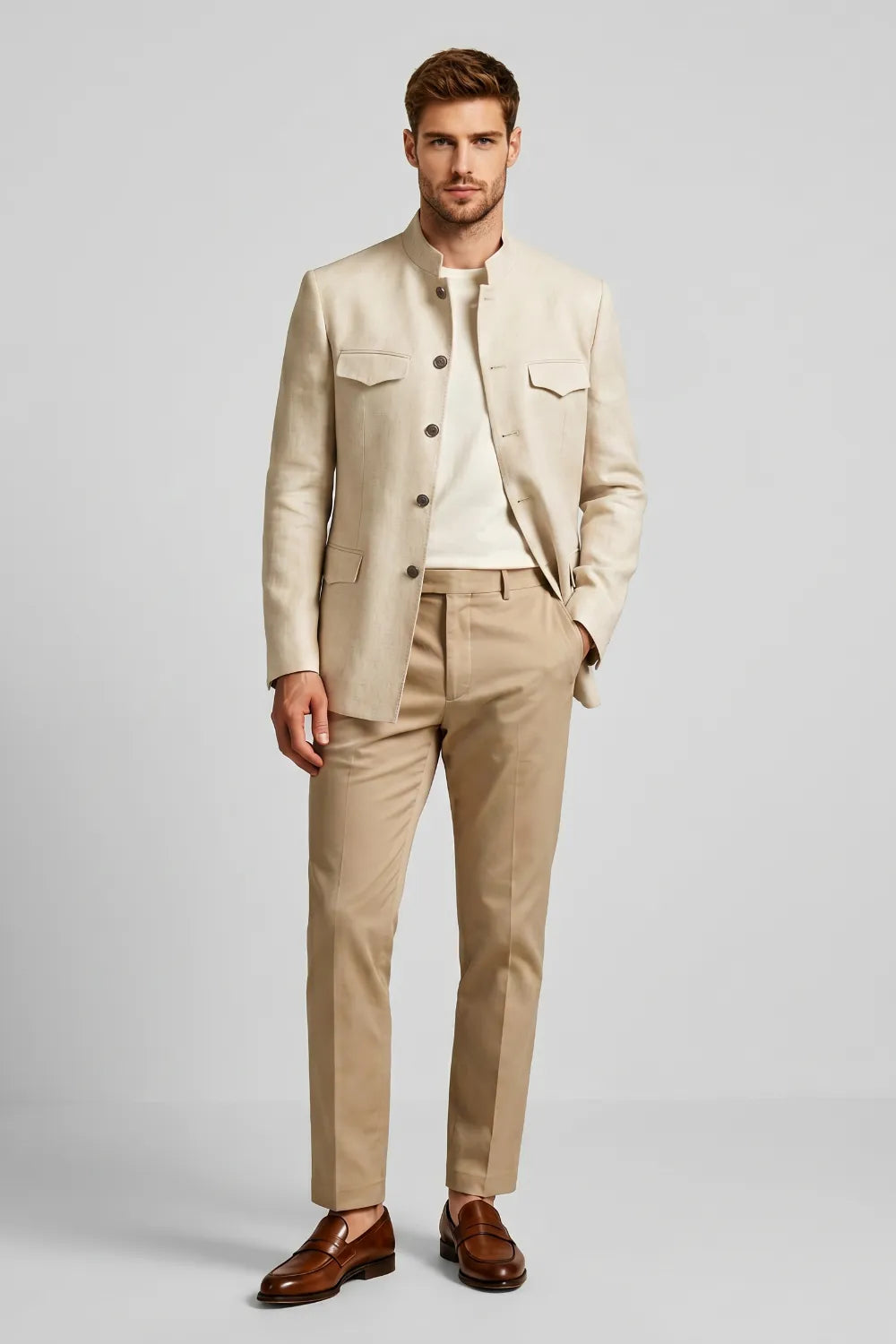 MANSSINO™ | Men's Beige Mandarin Collar Slim Fit Linen Blend 2-Piece Suit