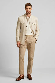 MANSSINO™ | Men's Beige Mandarin Collar Slim Fit Linen Blend 2-Piece Suit