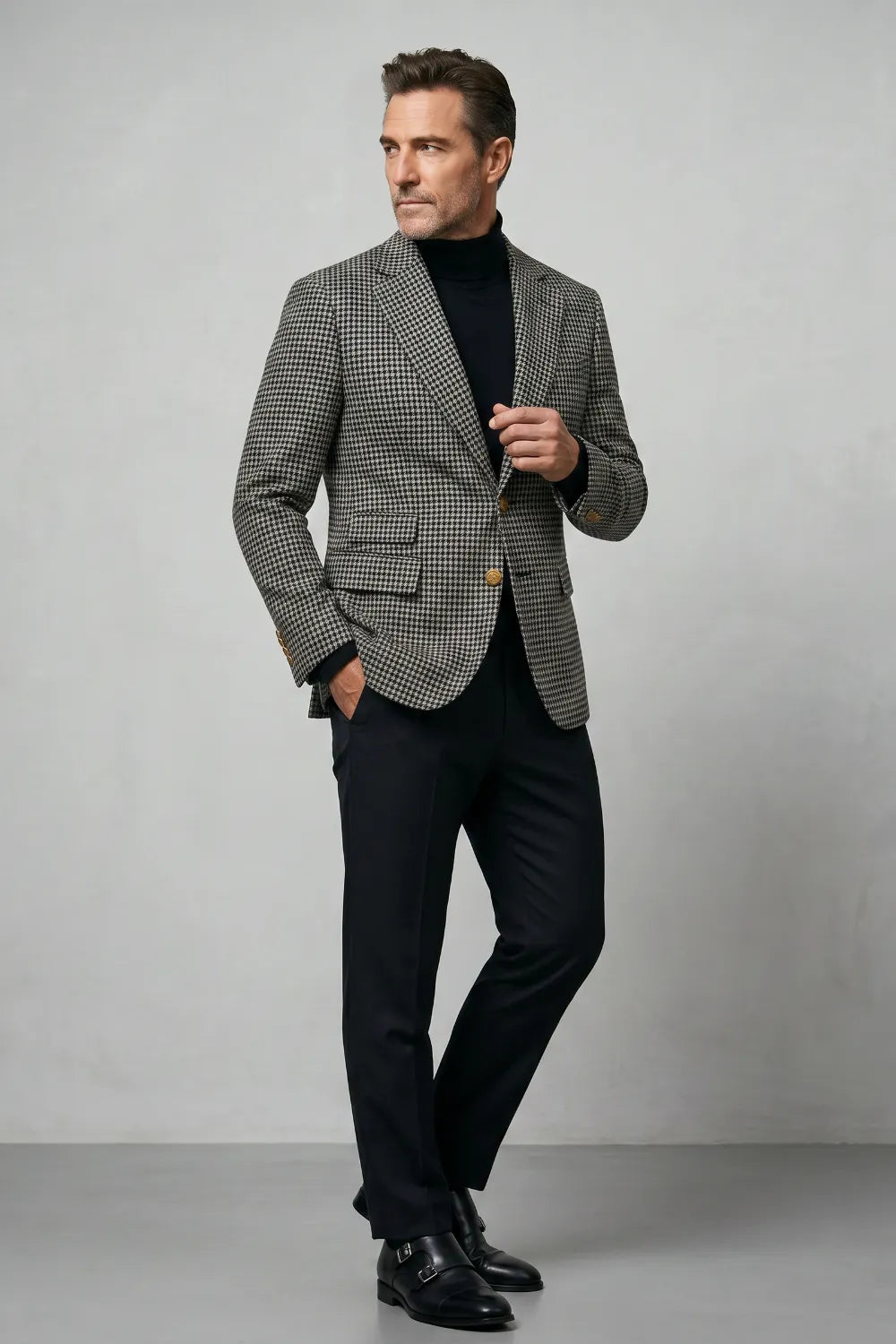 MANSSINO™ | Men's Black and White Houndstooth Tweed Two-Piece Suit