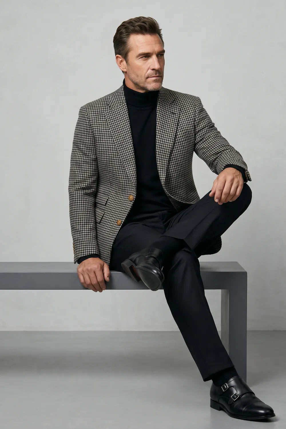 MANSSINO™ | Men's Black and White Houndstooth Tweed Two-Piece Suit
