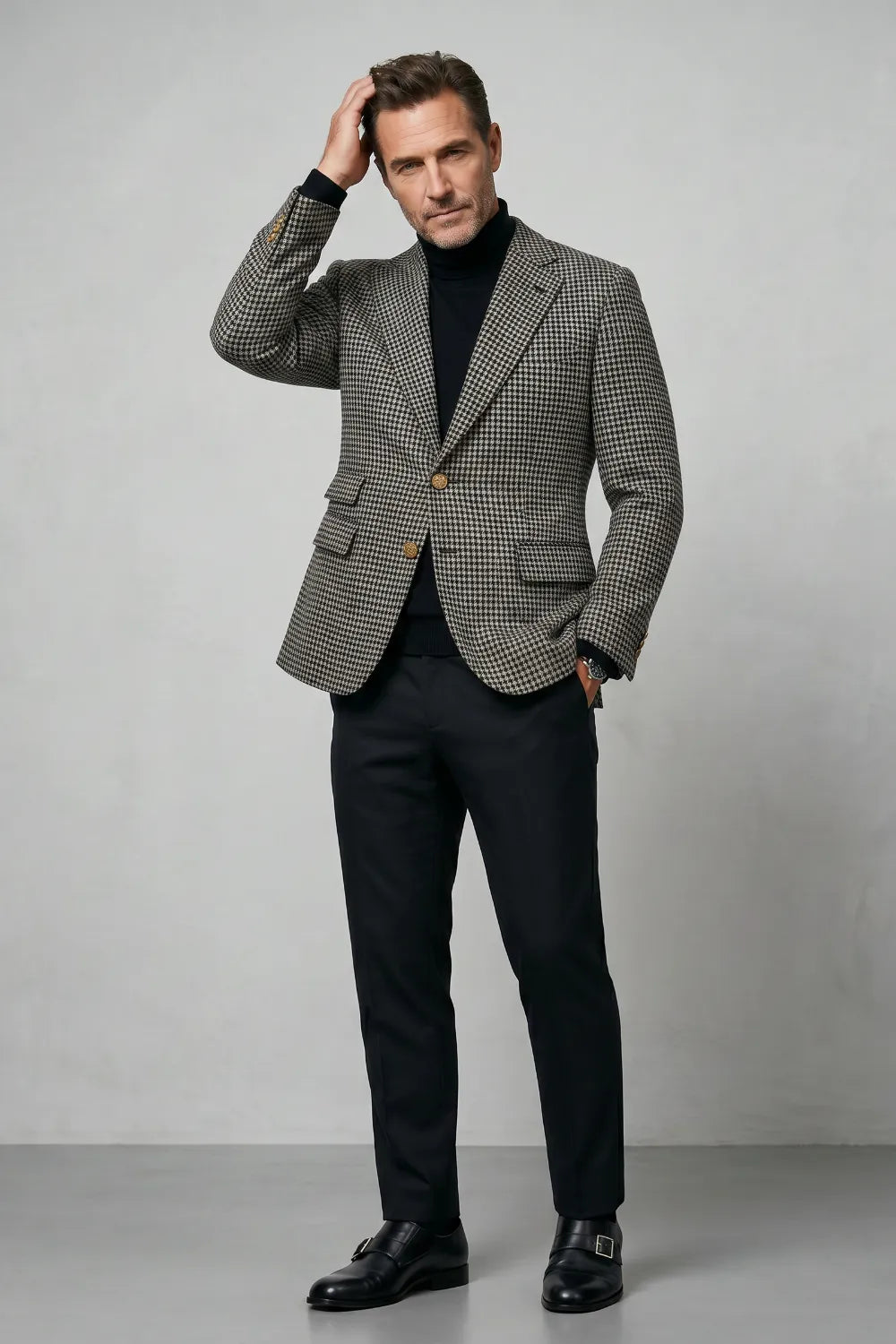 MANSSINO™ | Men's Black and White Houndstooth Tweed Two-Piece Suit