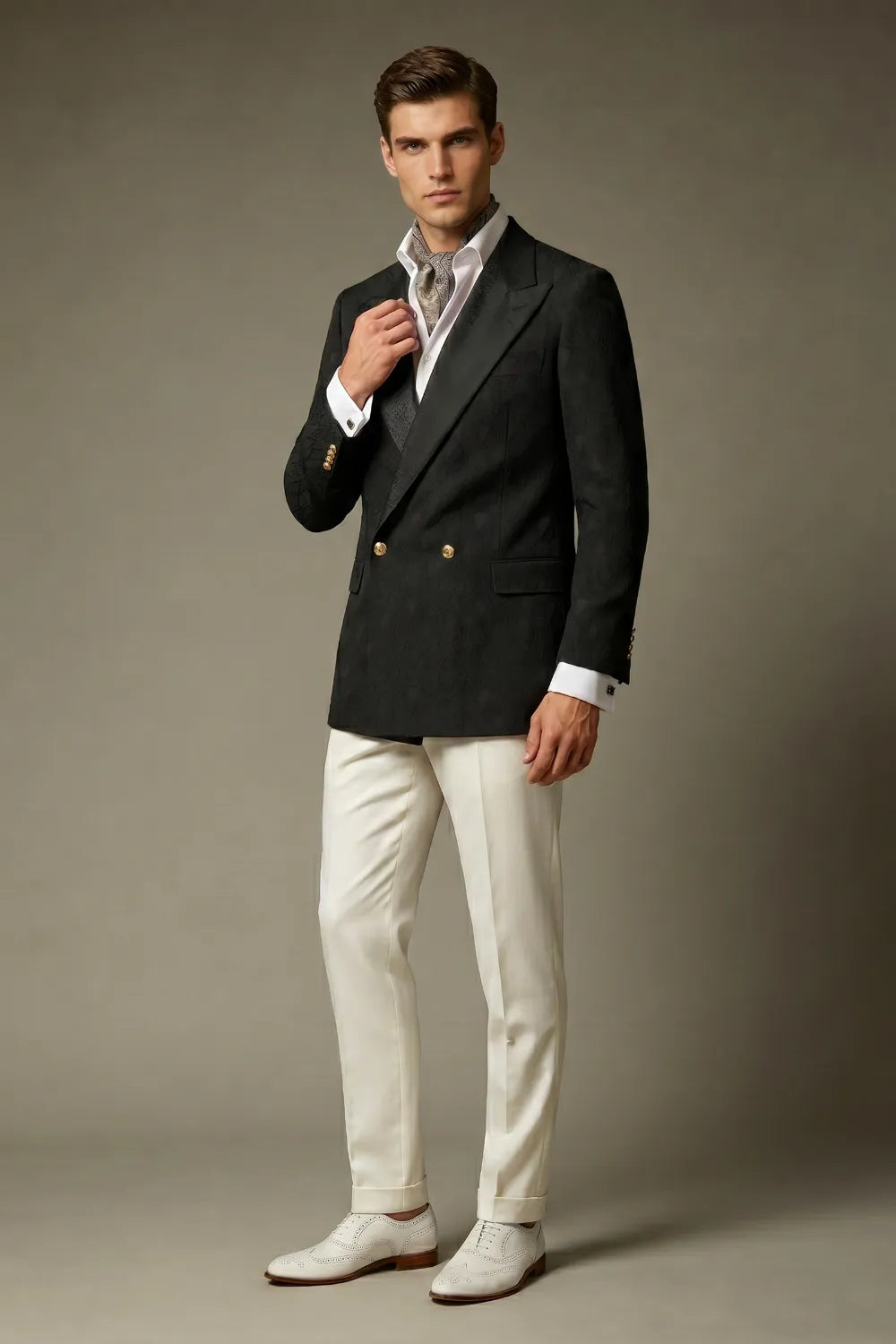 MANSSINO™ | Men's Black Jacquard Double-Breasted Peak-Lapel 2-Piece Suit
