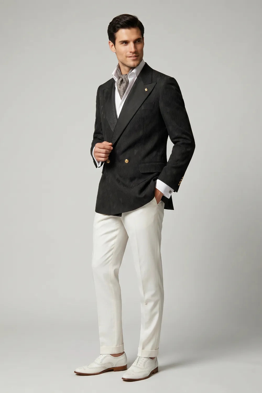 MANSSINO™ | Men's Black Jacquard Double-Breasted Peak-Lapel 2-Piece Suit