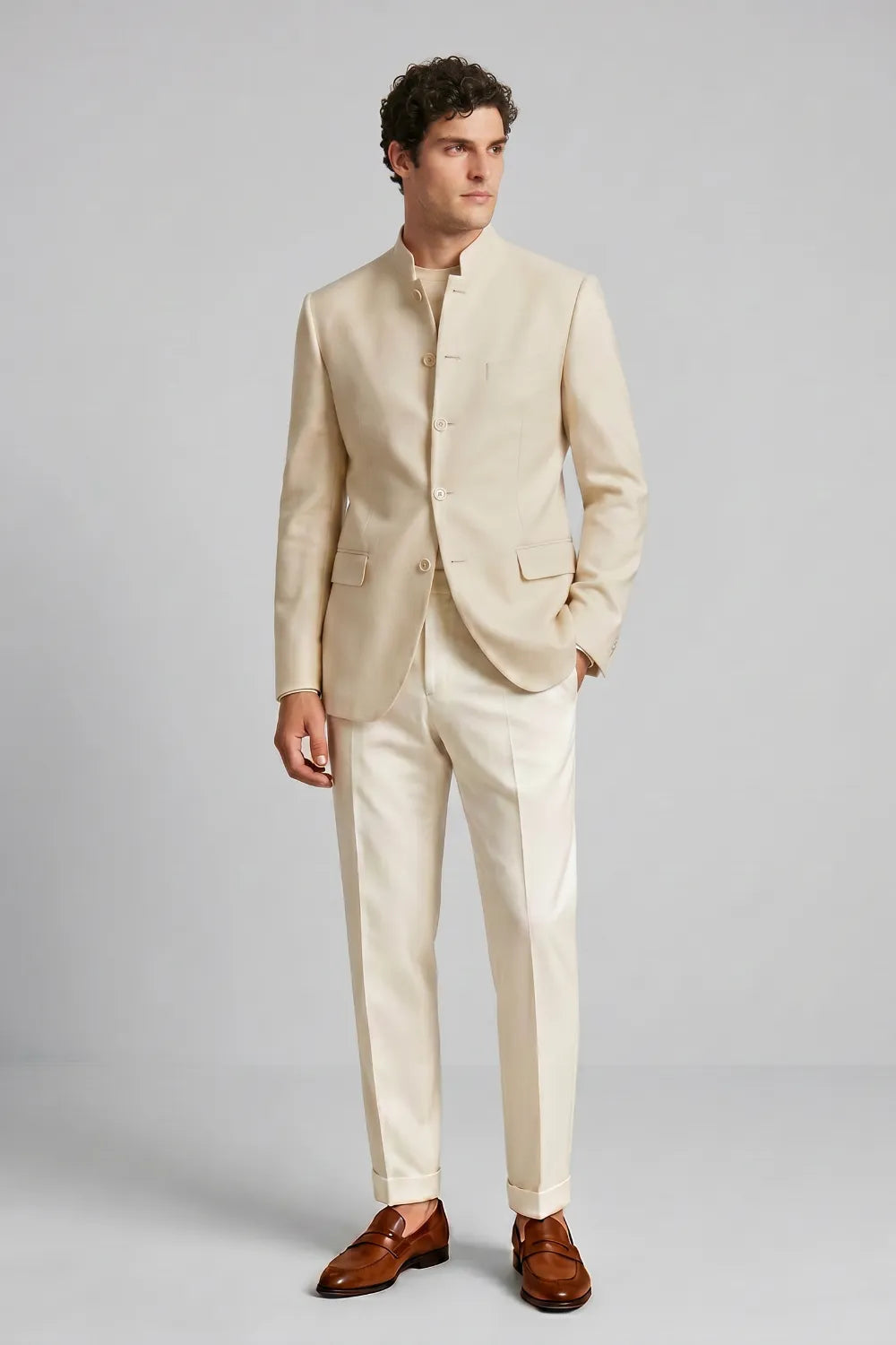 MANSSINO™ | Men's Cream Mandarin Collar Linen Blend 2-Piece Suit