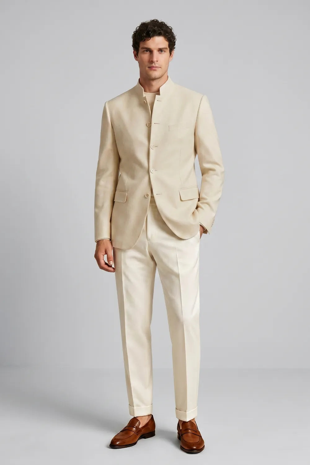 MANSSINO™ | Men's Cream Mandarin Collar Linen Blend 2-Piece Suit