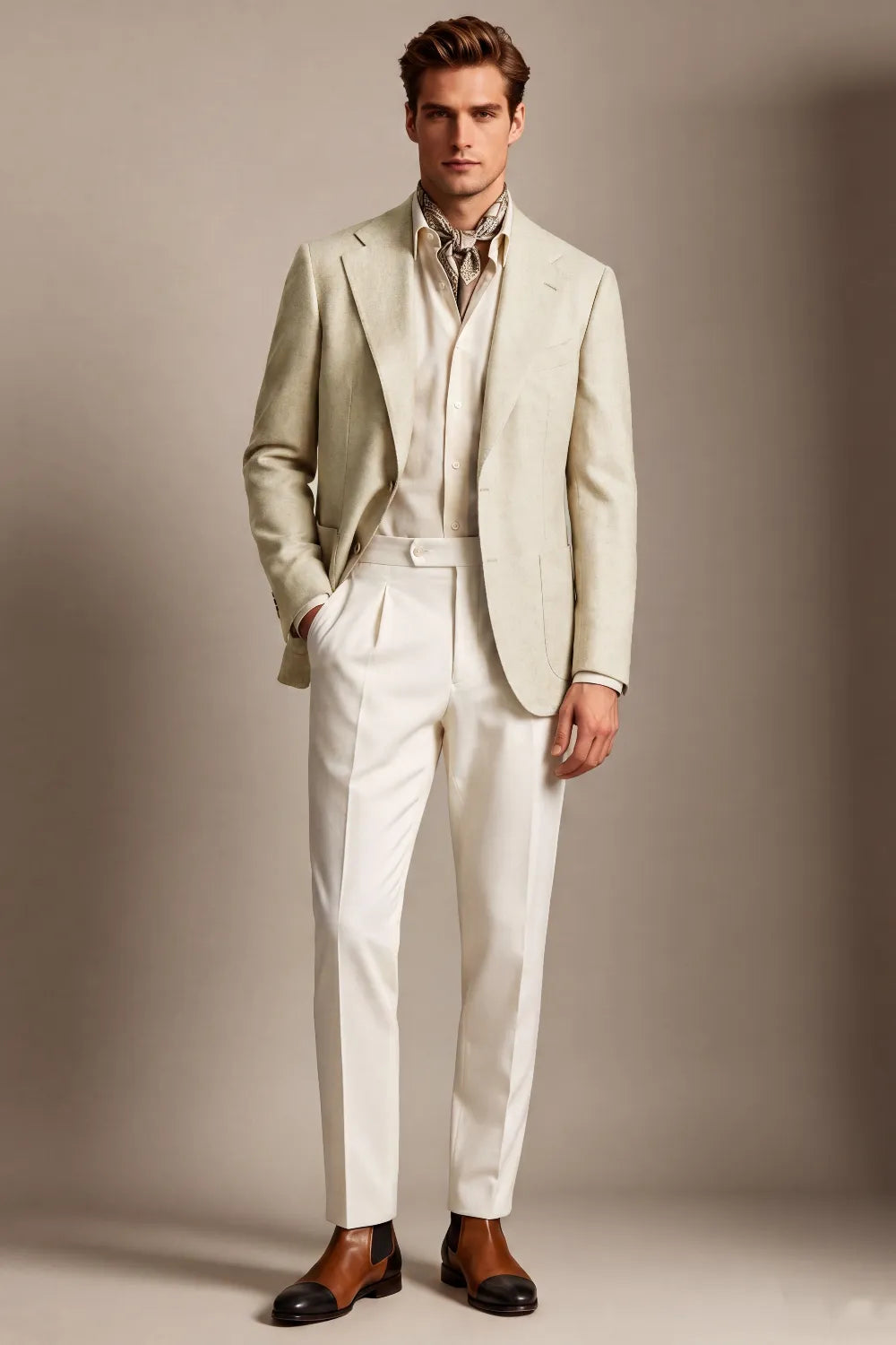MANSSINO™ | Men's Light Beige Linen Blend Wide Notch Lapel 2 Piece Suit