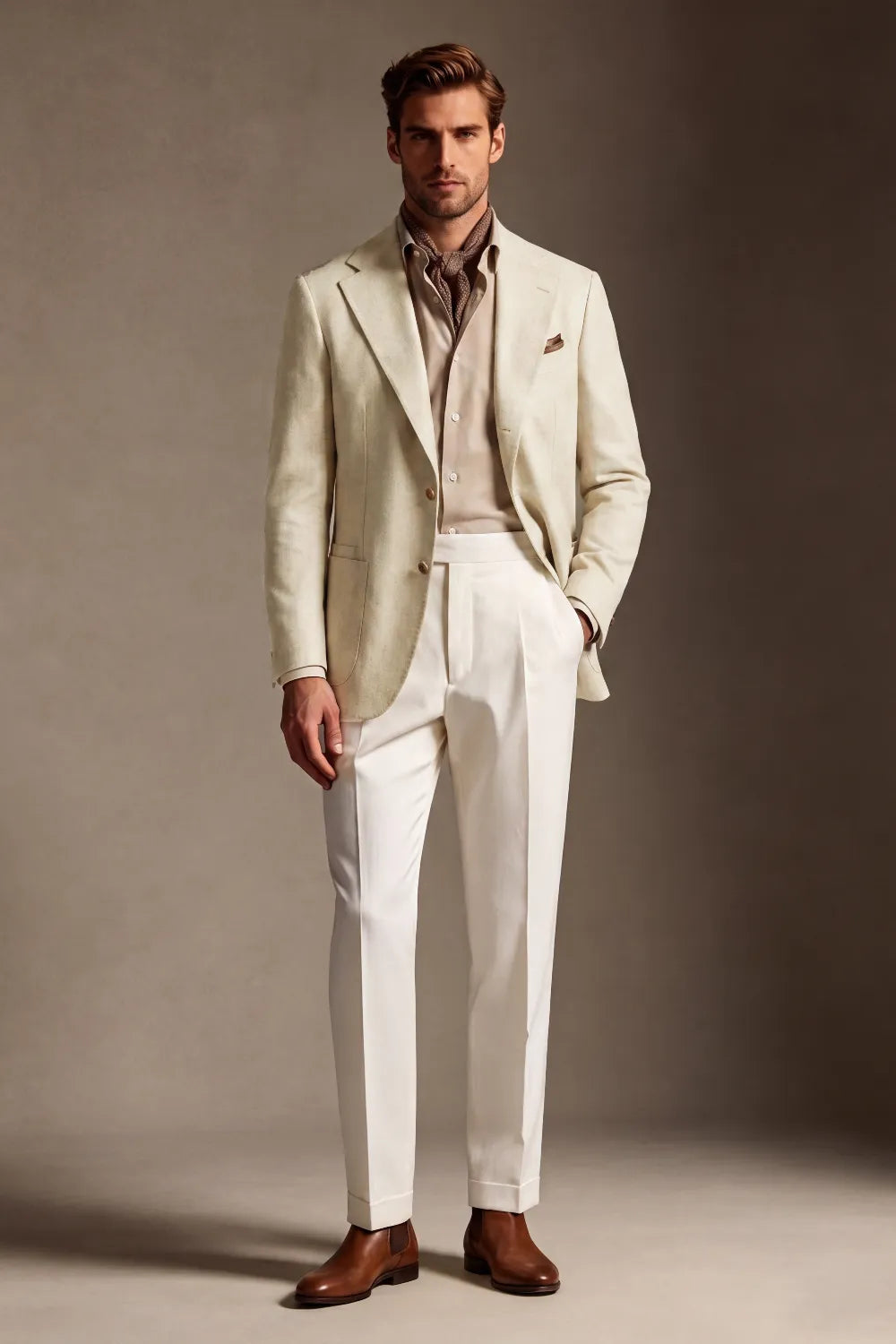 MANSSINO™ | Men's Light Beige Linen Blend Wide Notch Lapel 2 Piece Suit