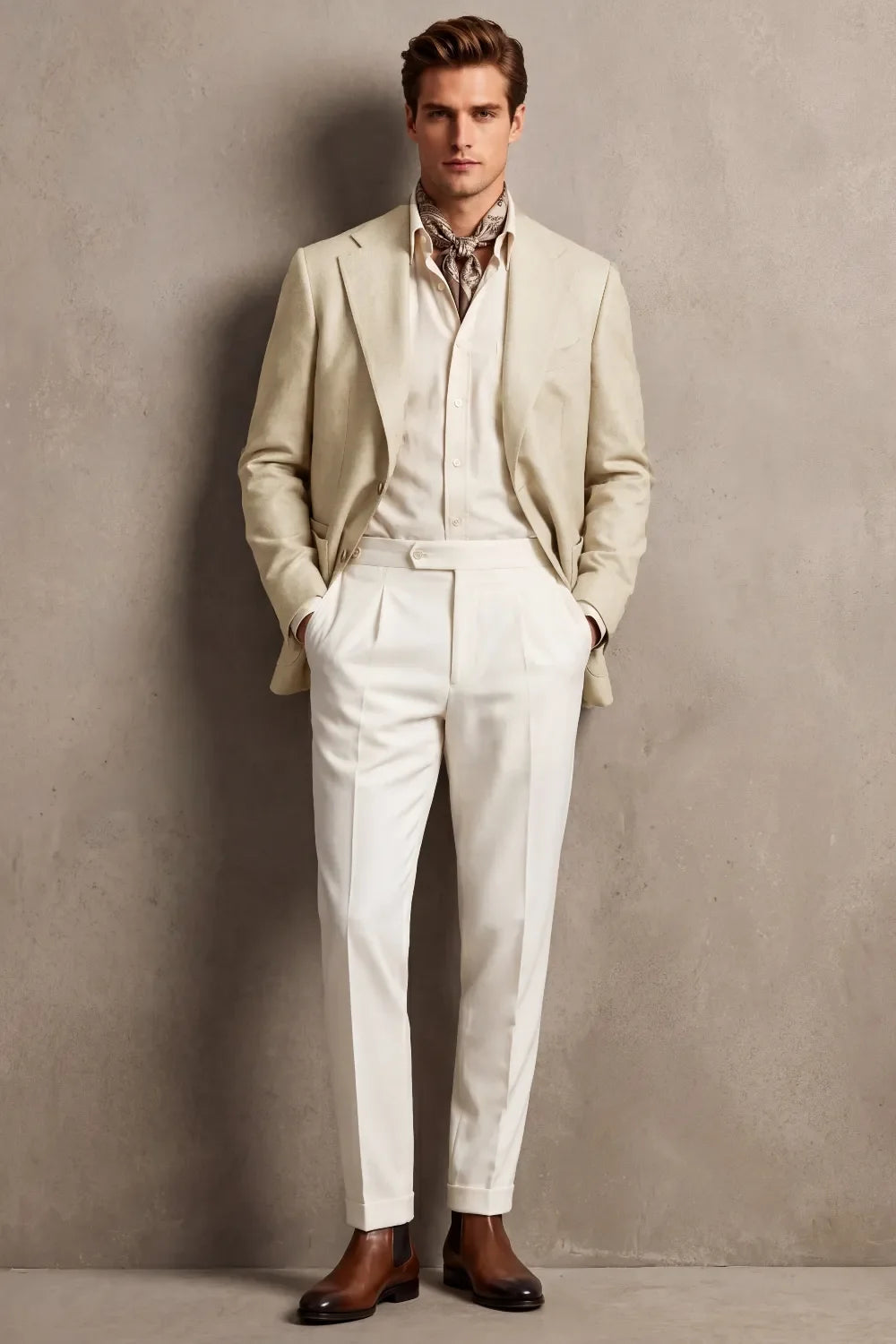 MANSSINO™ | Men's Light Beige Linen Blend Wide Notch Lapel 2 Piece Suit