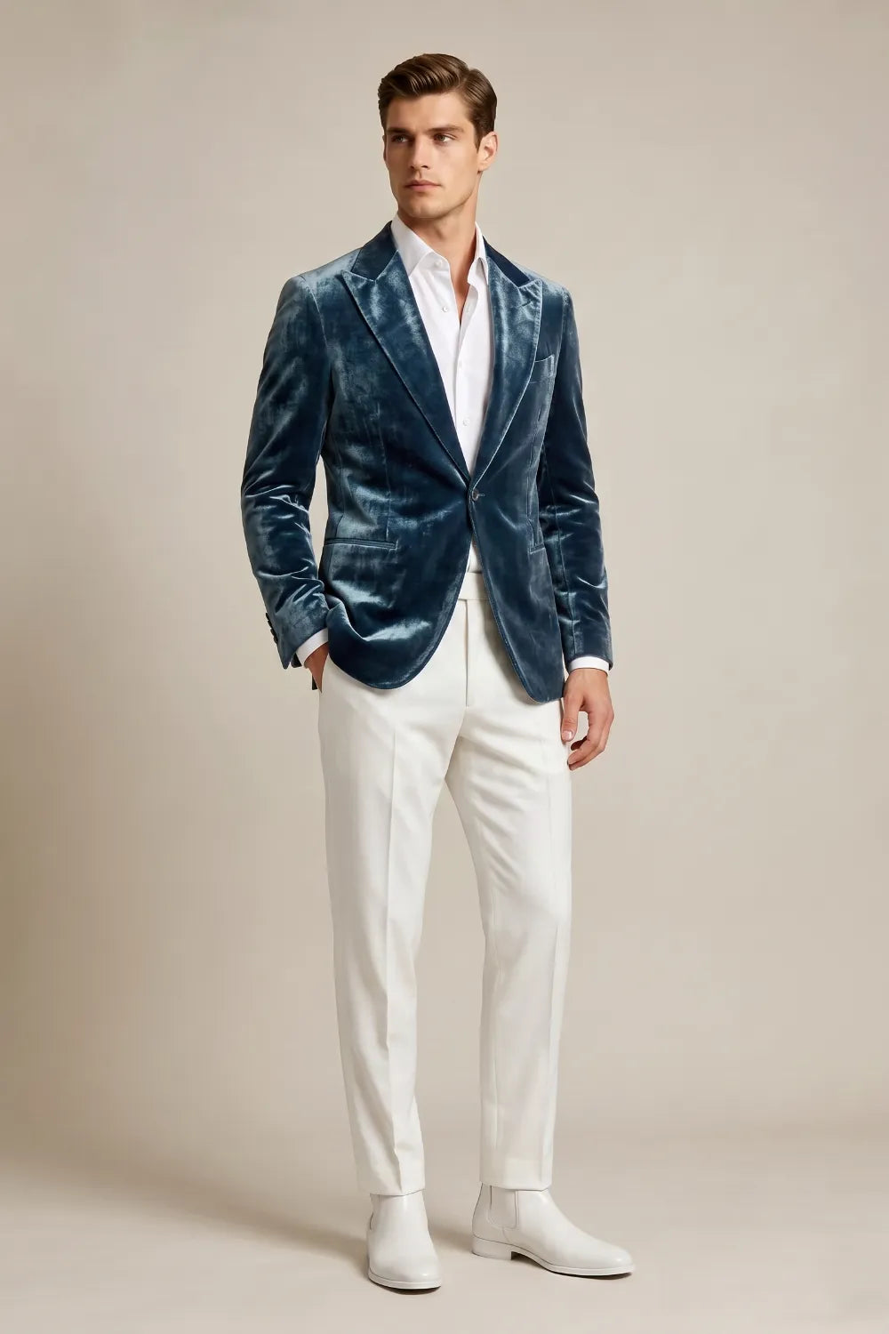MANSSINO™ | Men's Dusty Blue Velvet Peak Lapel 2-Piece Suit