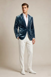 MANSSINO™ | Men's Dusty Blue Velvet Peak Lapel 2-Piece Suit
