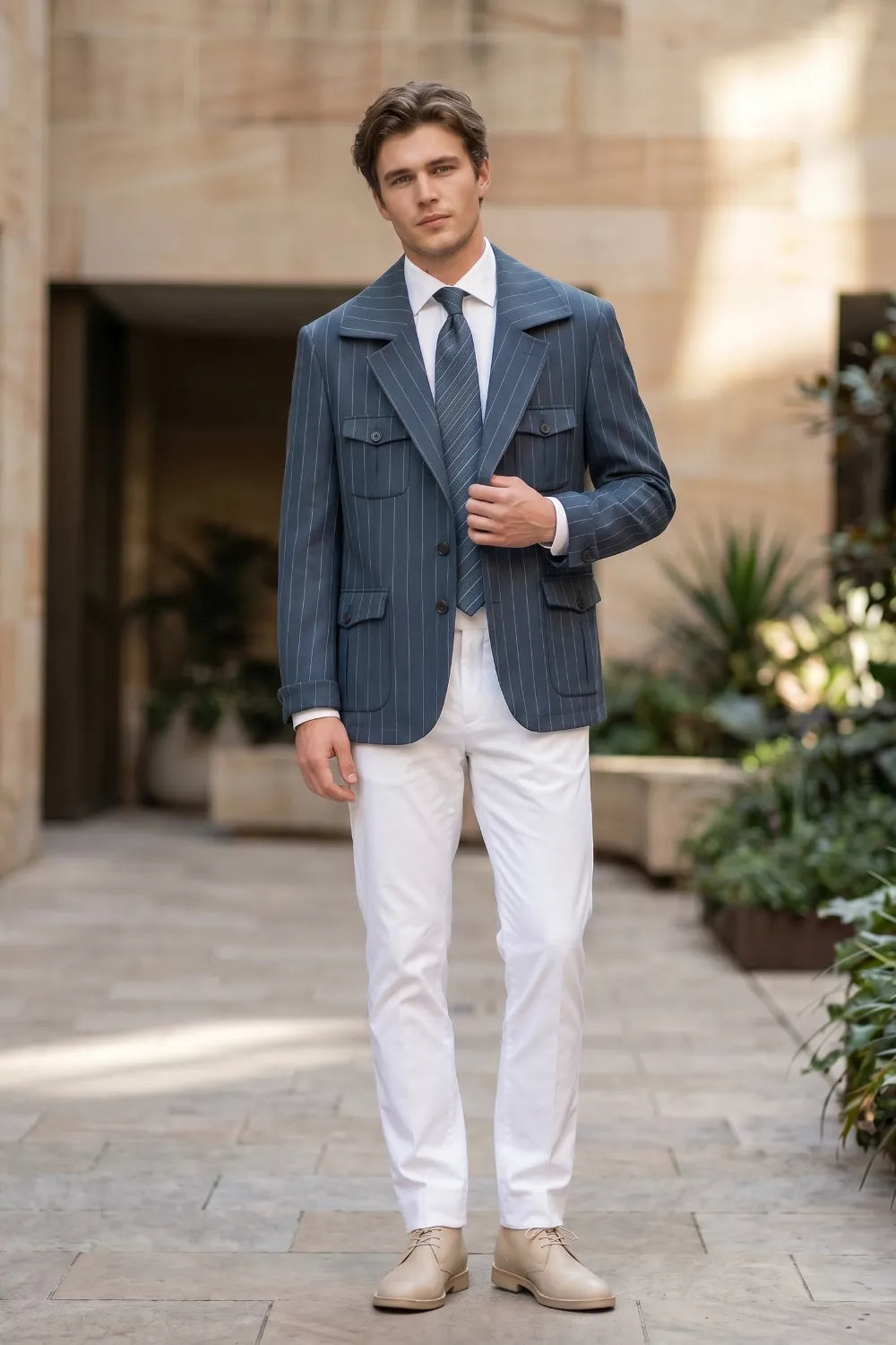 MANSSINO™ | Men's Modern Pinstripe Safari 2 Piece Suit