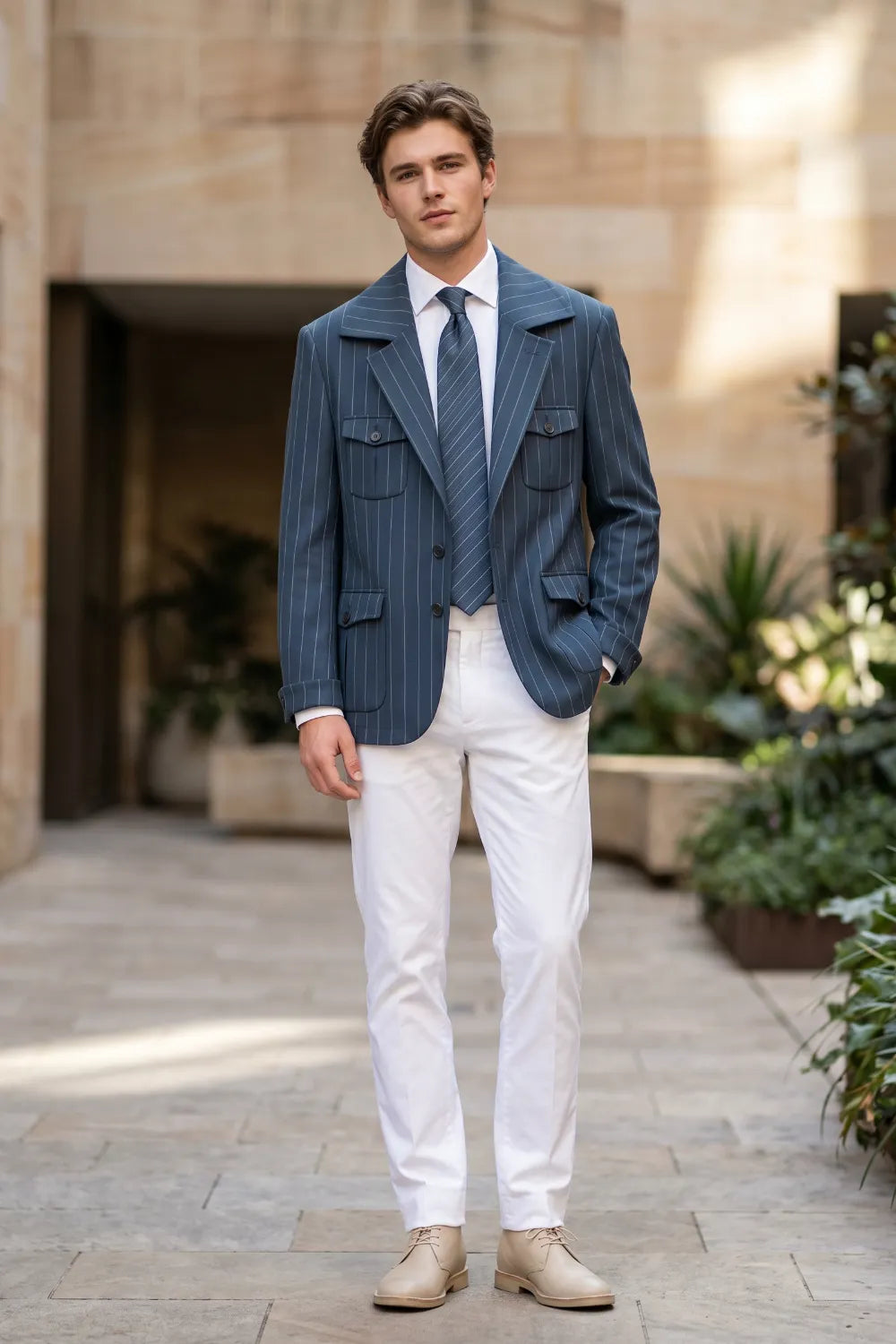 MANSSINO™ | Men's Modern Pinstripe Safari 2 Piece Suit