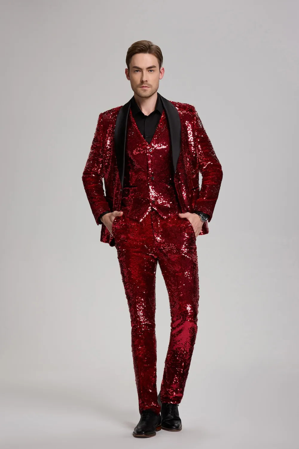 MANSSINO™ | Men's Red Sparkle Tuxedo 3-Piece Suit