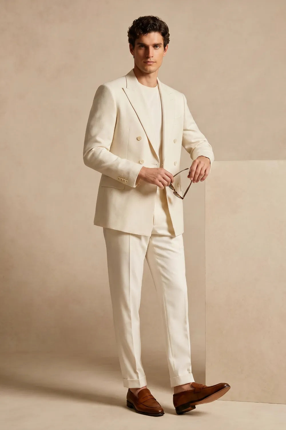 MANSSINO™ | Men's Cream Double Breasted Peak Lapel Linen Blend 2 Piece Suit