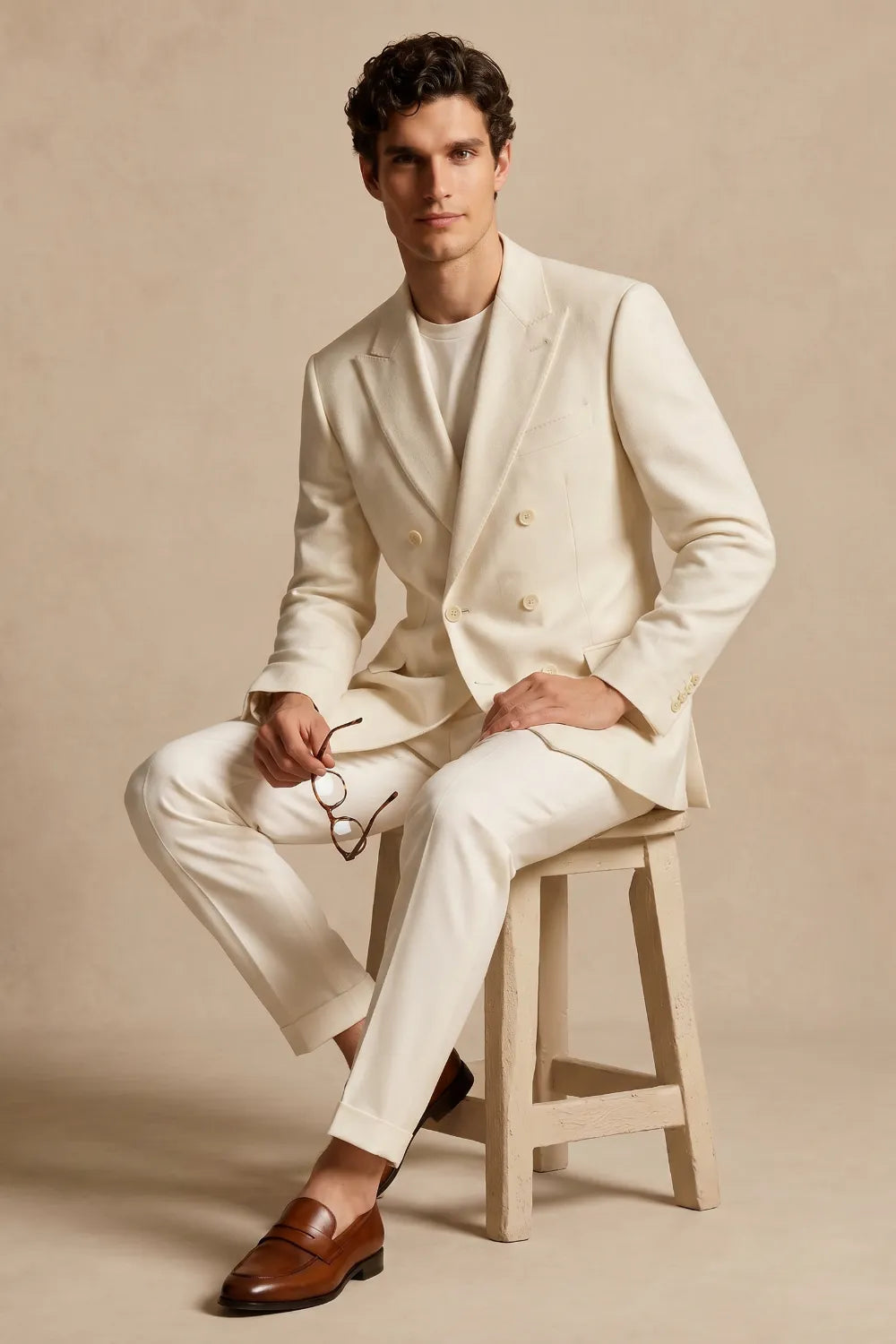 MANSSINO™ | Men's Cream Double Breasted Peak Lapel Linen Blend 2 Piece Suit