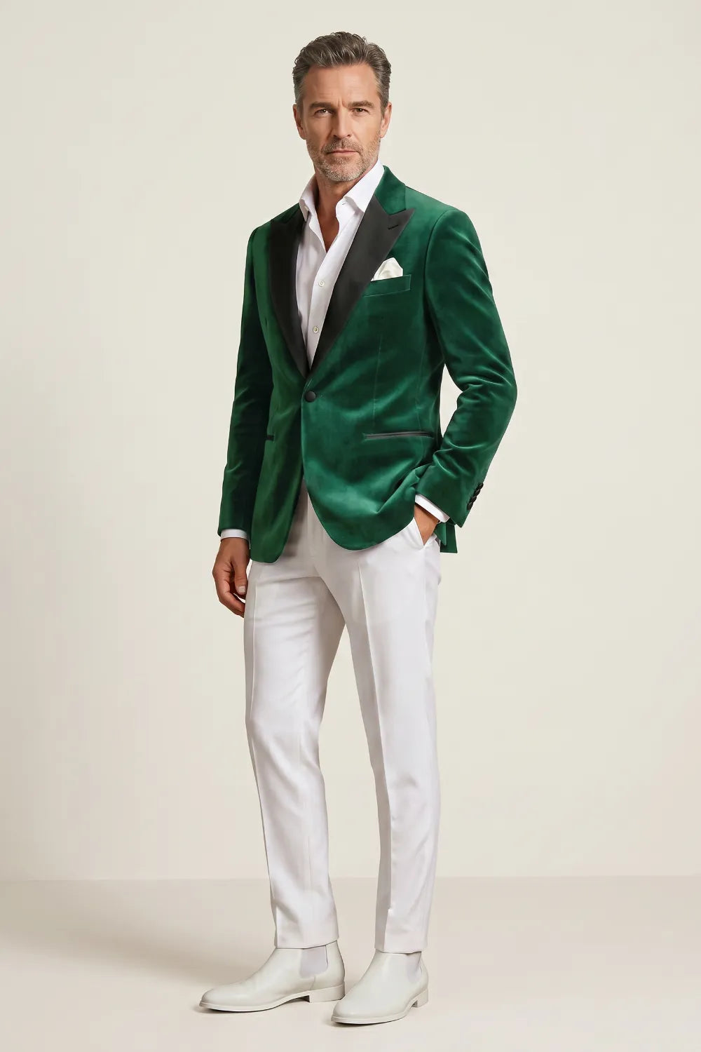 MANSSINO™ | Men's Emerald Green Velvet Black Peak-Lapel 2-Piece Tuxedo Suit