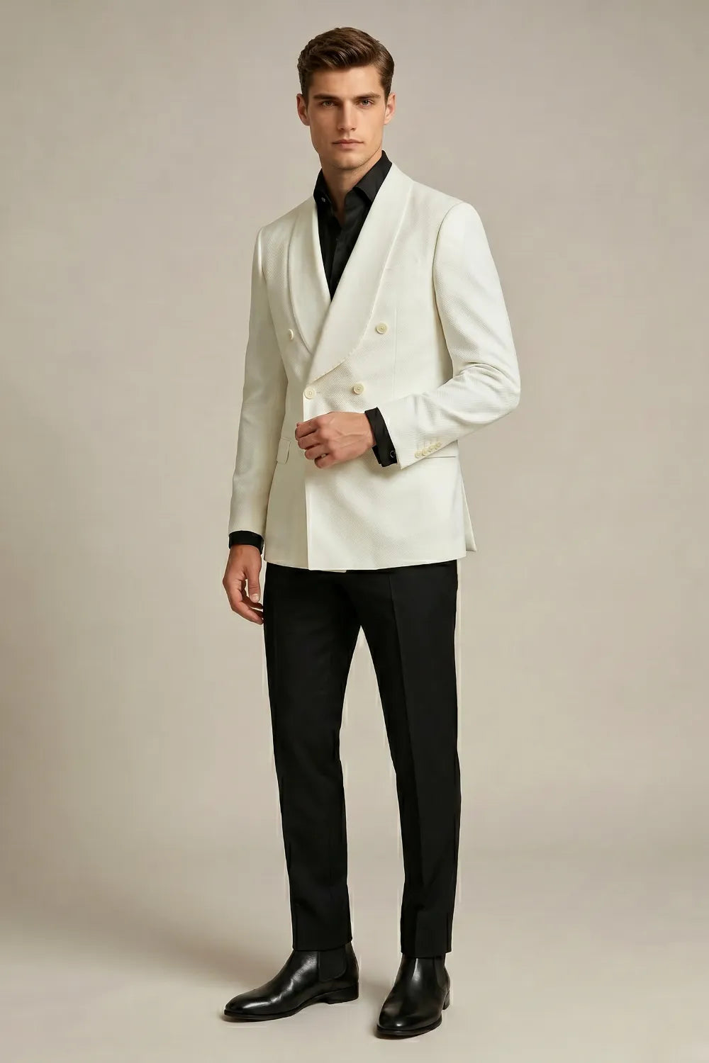 MANSSINO™ | Men's Ivory Double-Breasted Jacquard 2-Piece Suit