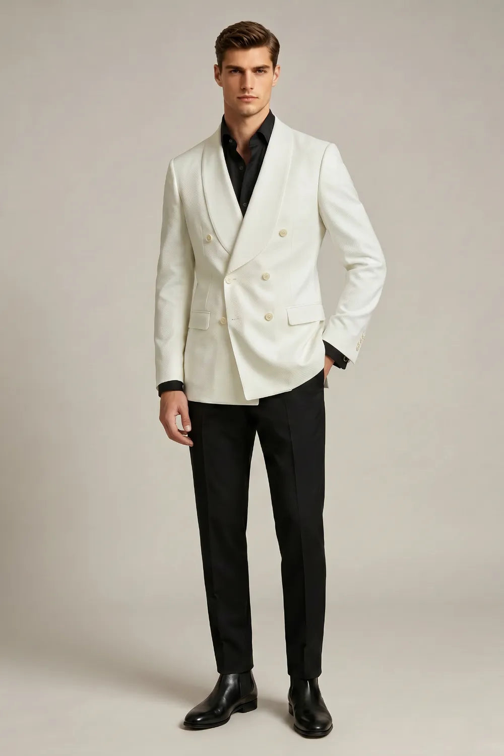 MANSSINO™ | Men's Ivory Double-Breasted Jacquard 2-Piece Suit