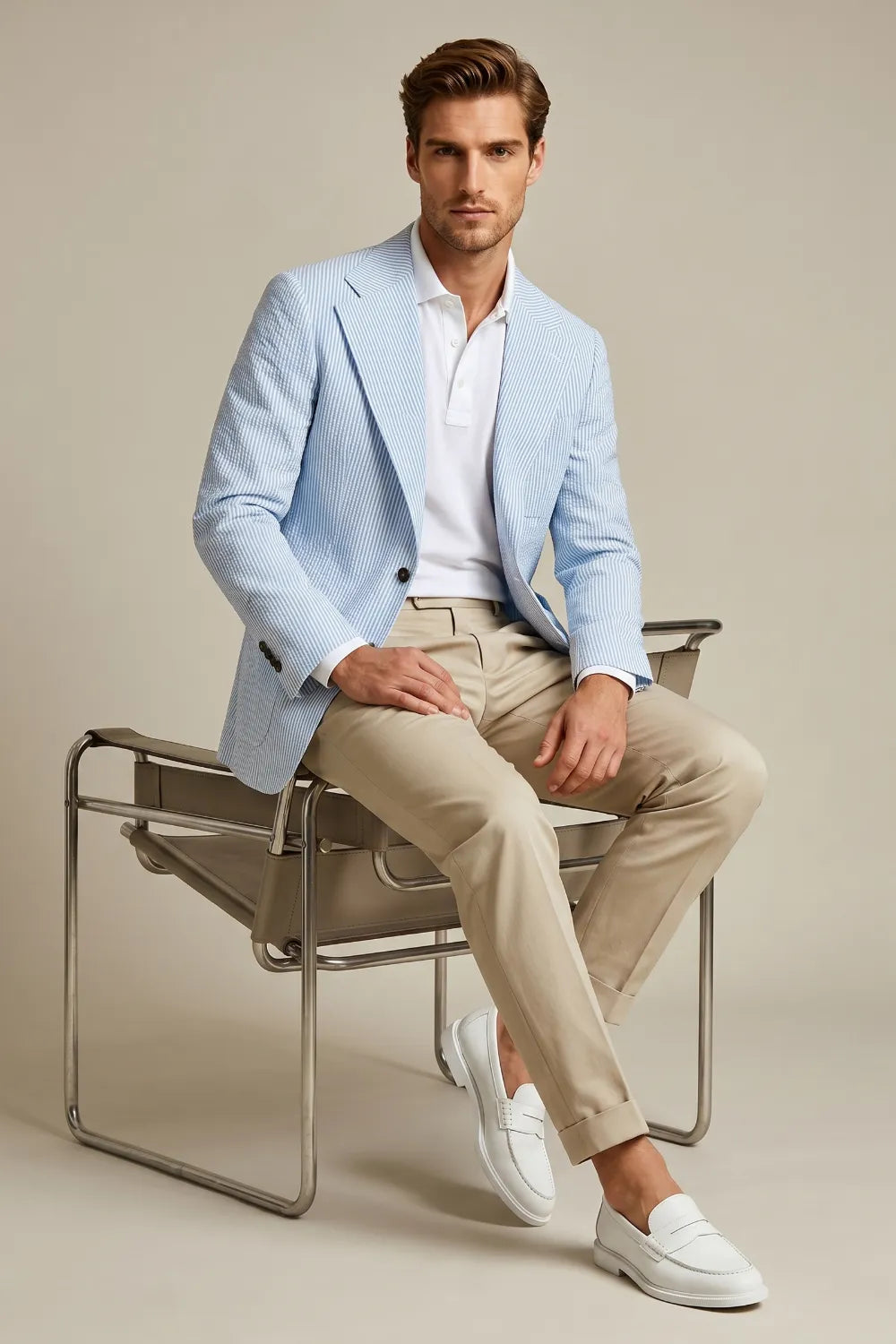 MANSSINO™ | Men's Light Blue Striped Seersucker Notch Lapel 2-Piece Suit