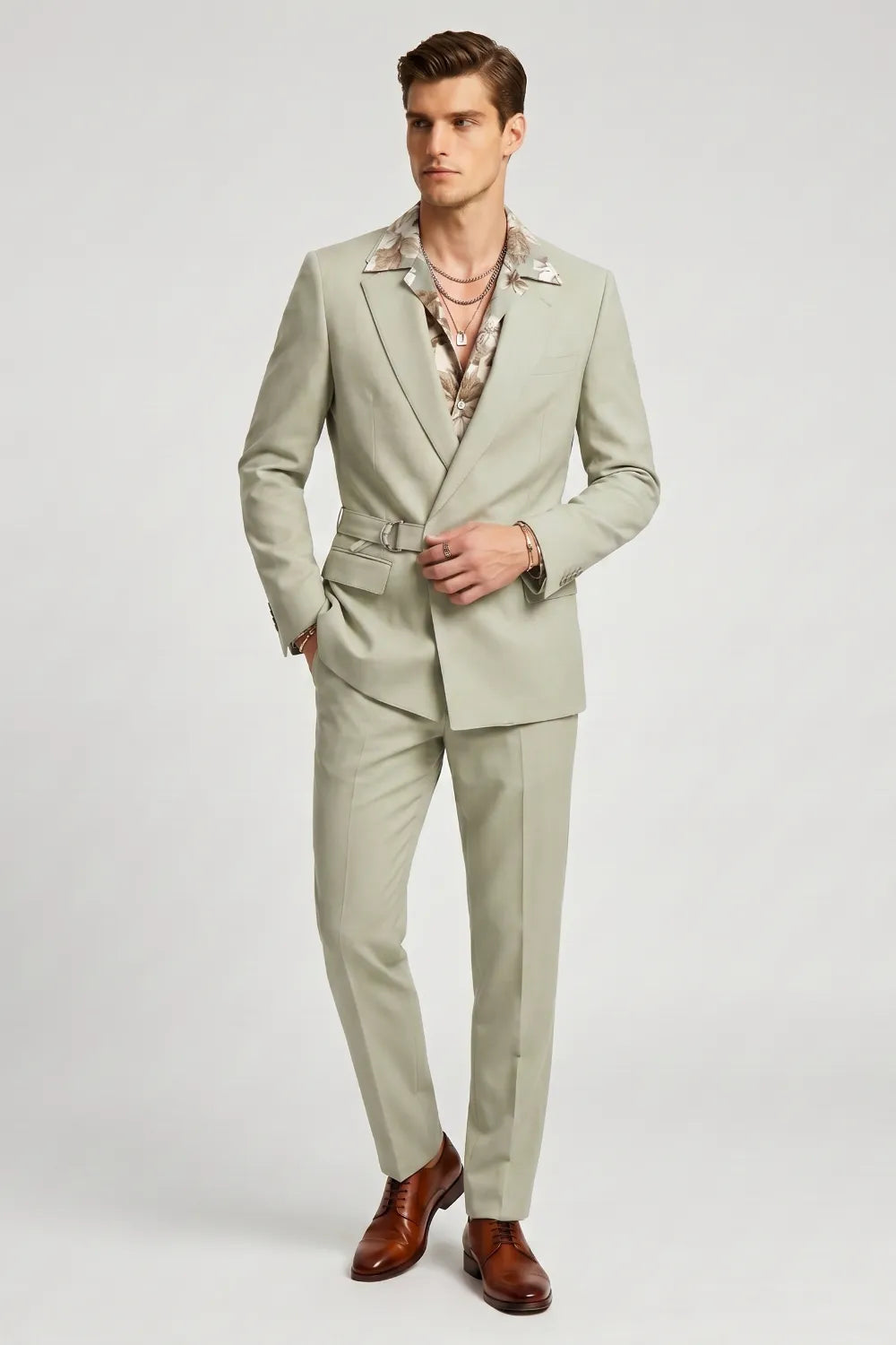MANSSINO™ | Men's Sage Green Asymmetrical Belted Suit