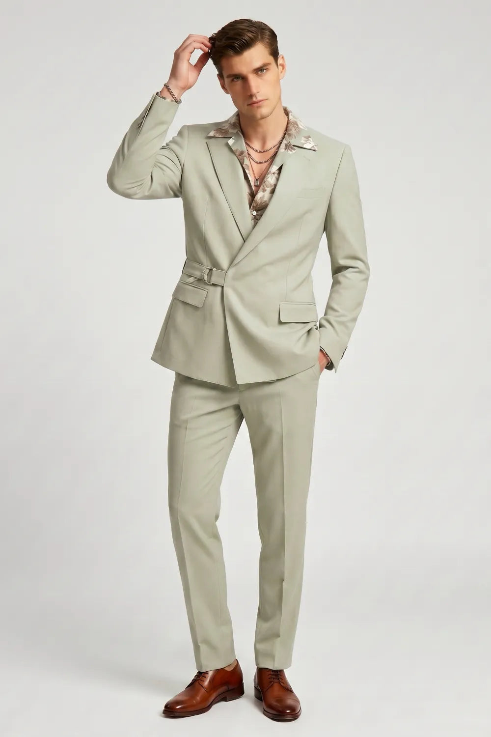 MANSSINO™ | Men's Sage Green Asymmetrical Belted Suit
