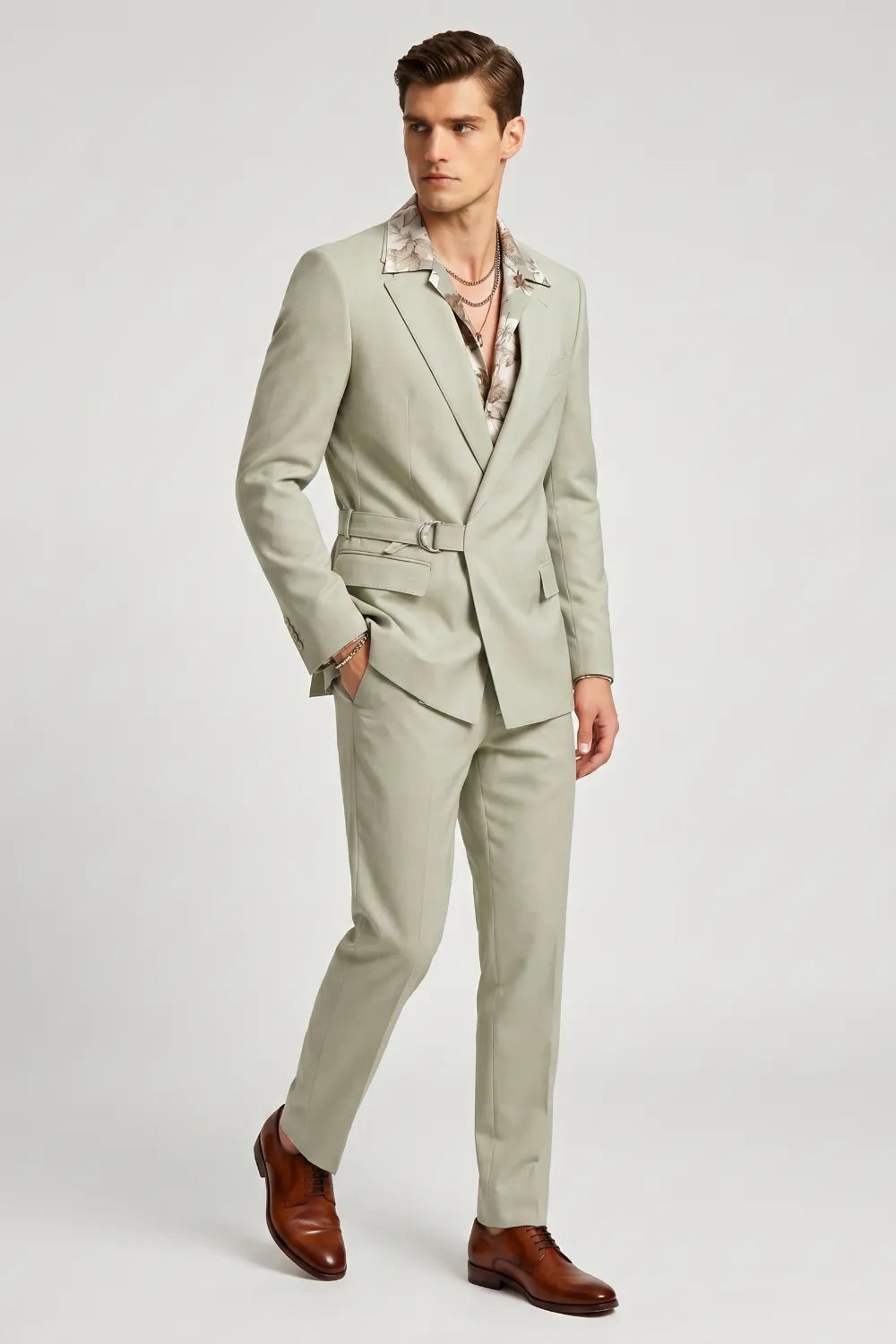 MANSSINO™ | Men's Sage Green Asymmetrical Belted Suit