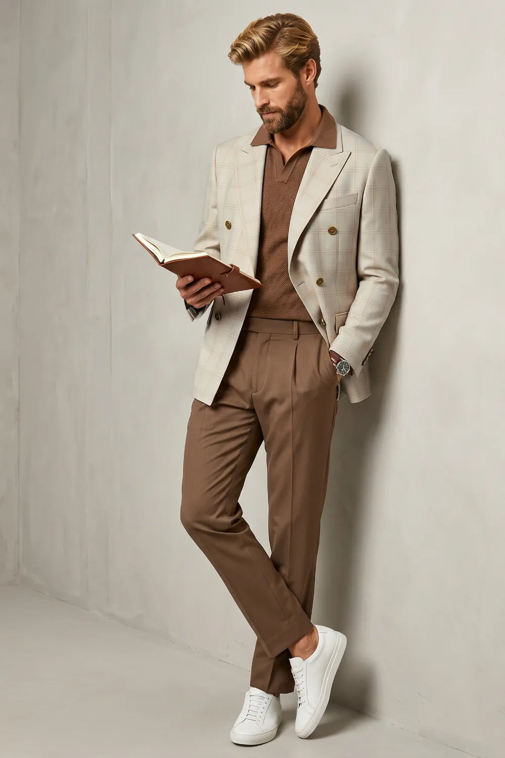 MANSSINO™ | Men's Beige Double Breasted 2 Piece Suit