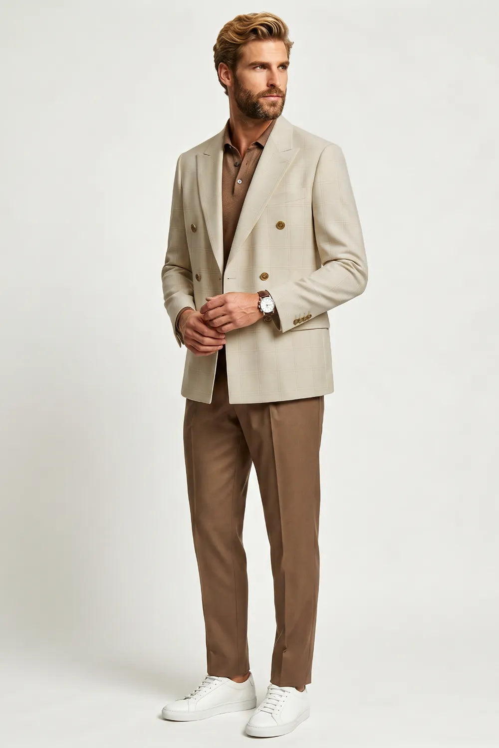 MANSSINO™ | Men's Beige Double Breasted 2 Piece Suit